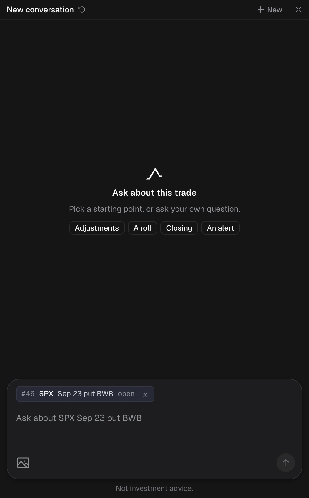 The Desk tab in a trade's drawer: the conversation header with New and expand buttons, suggestion buttons for Adjustments, A roll, Closing and An alert, and the composer