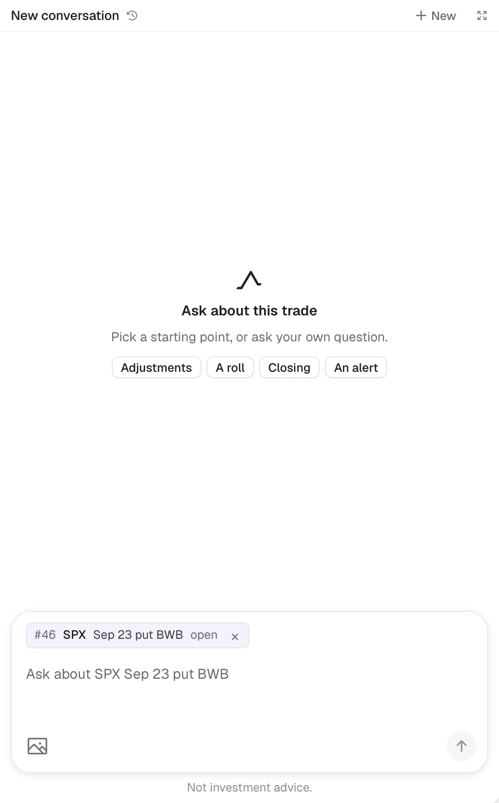 The Desk tab in a trade's drawer: the conversation header with New and expand buttons, suggestion buttons for Adjustments, A roll, Closing and An alert, and the composer