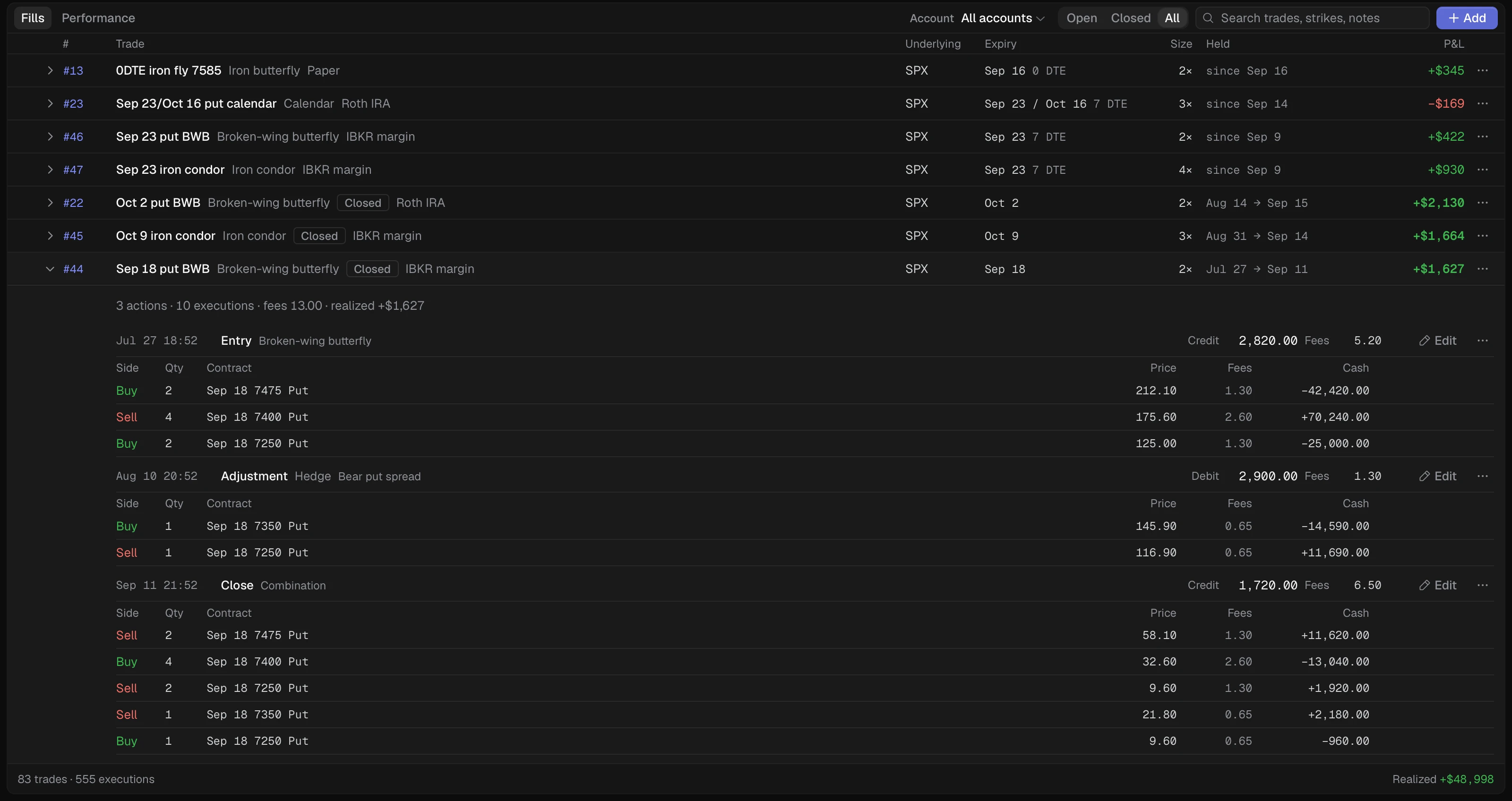 The Journal's Fills tab: the Account filter, Open, Closed and All buttons, the search box and Add, then the trade list with the footer totals