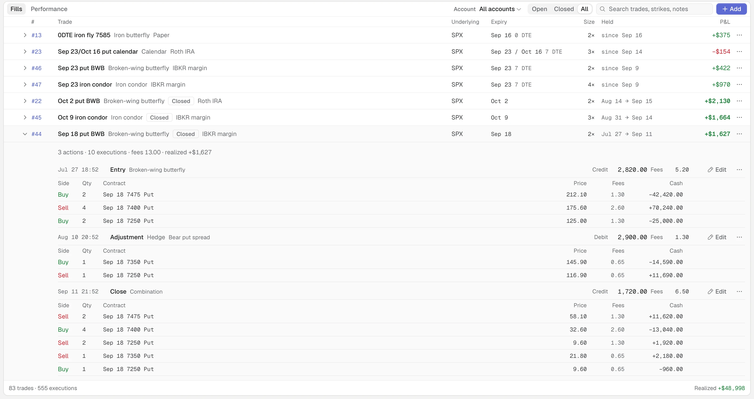 The Journal's Fills tab: the Account filter, Open, Closed and All buttons, the search box and Add, then the trade list with the footer totals