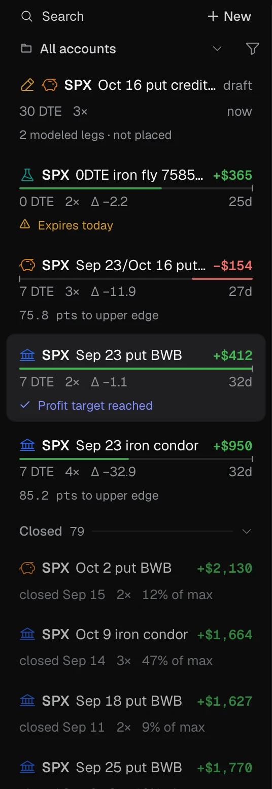 The Trades sidebar with a search box, the account and status filters, four open trades and a draft with P&L, progress bars and status lines