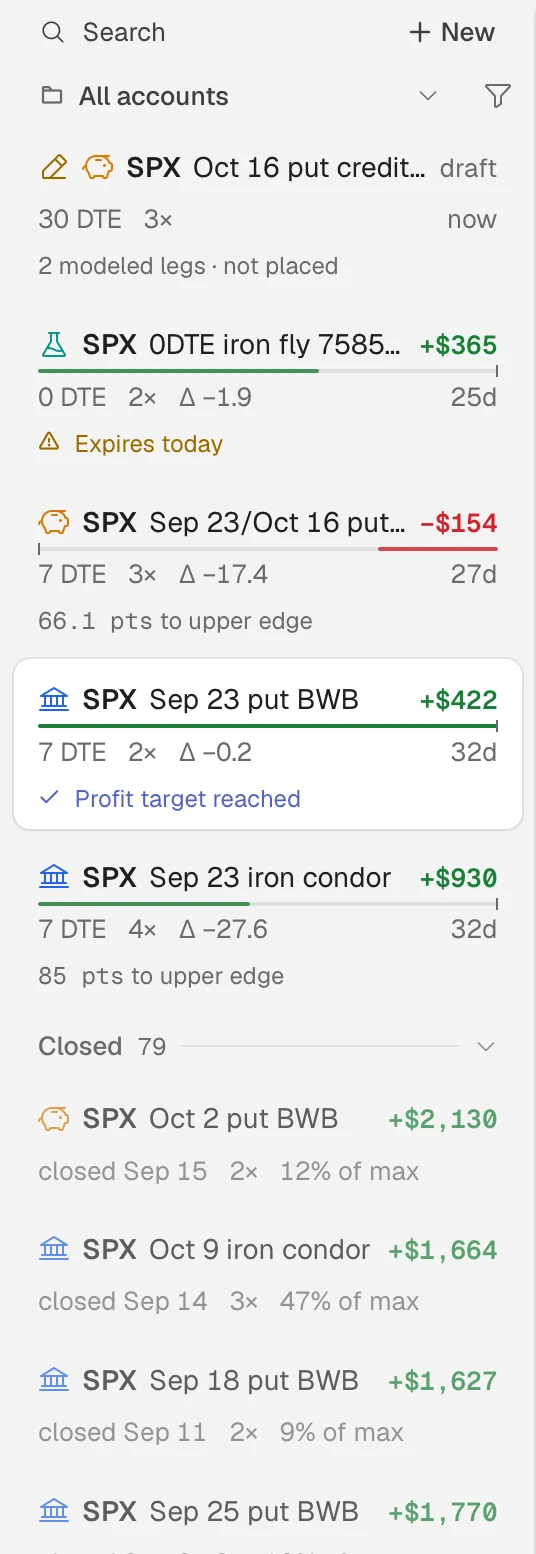 The Trades sidebar with a search box, the account and status filters, four open trades and a draft with P&L, progress bars and status lines